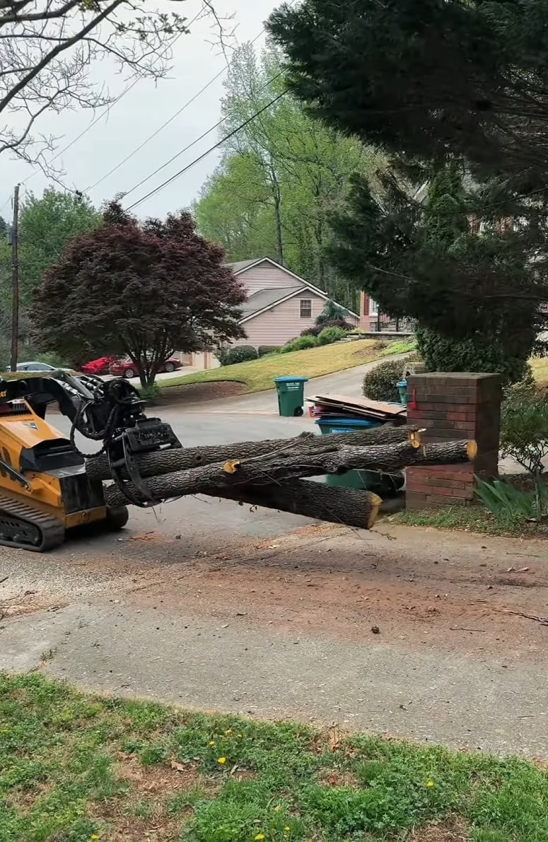 Tree removal work in residential neighborhood with specialized equipment